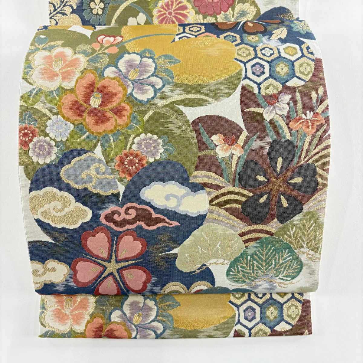 【美品】 袋帶 名品級 落款あり 草花紋紋 櫻花 金金箔 灰綠 六通 純蠶絲