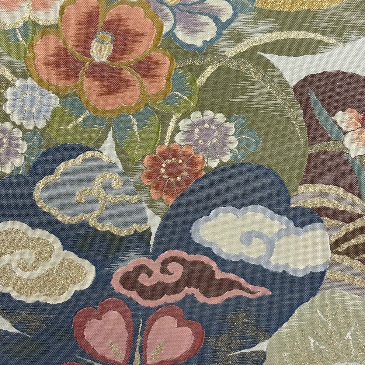 【美品】 袋帶 名品級 落款あり 草花紋紋 櫻花 金金箔 灰綠 六通 純蠶絲
