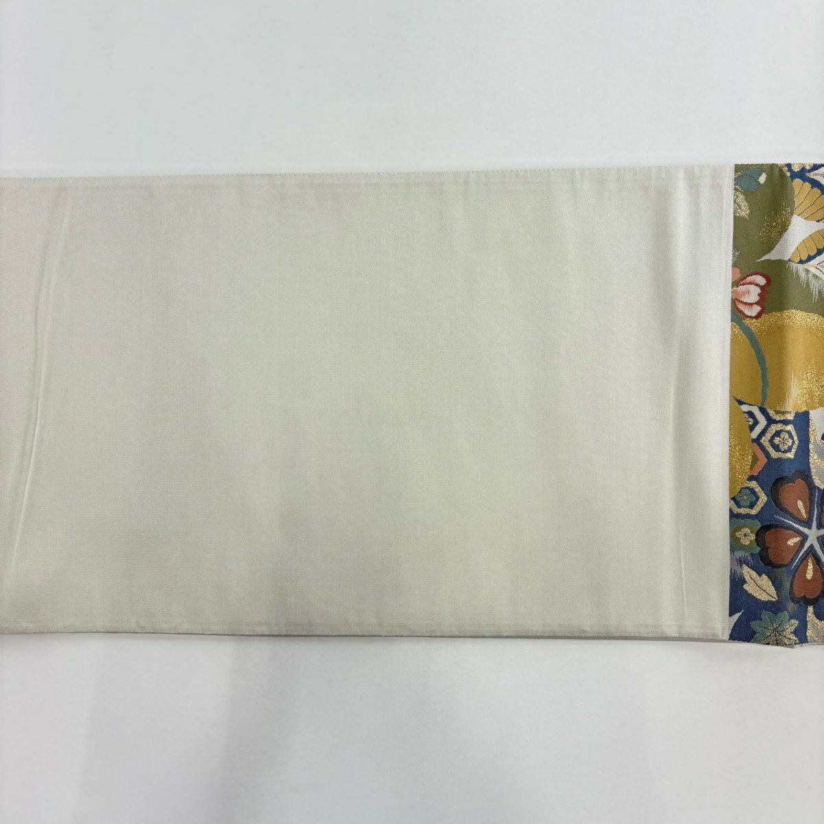 【美品】 袋帶 名品級 落款あり 草花紋紋 櫻花 金金箔 灰綠 六通 純蠶絲