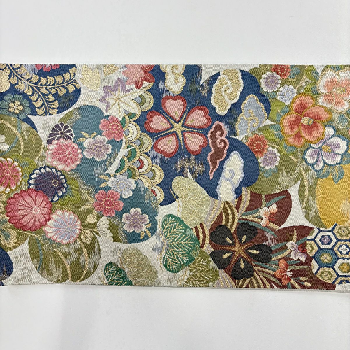 【美品】 袋帶 名品級 落款あり 草花紋紋 櫻花 金金箔 灰綠 六通 純蠶絲