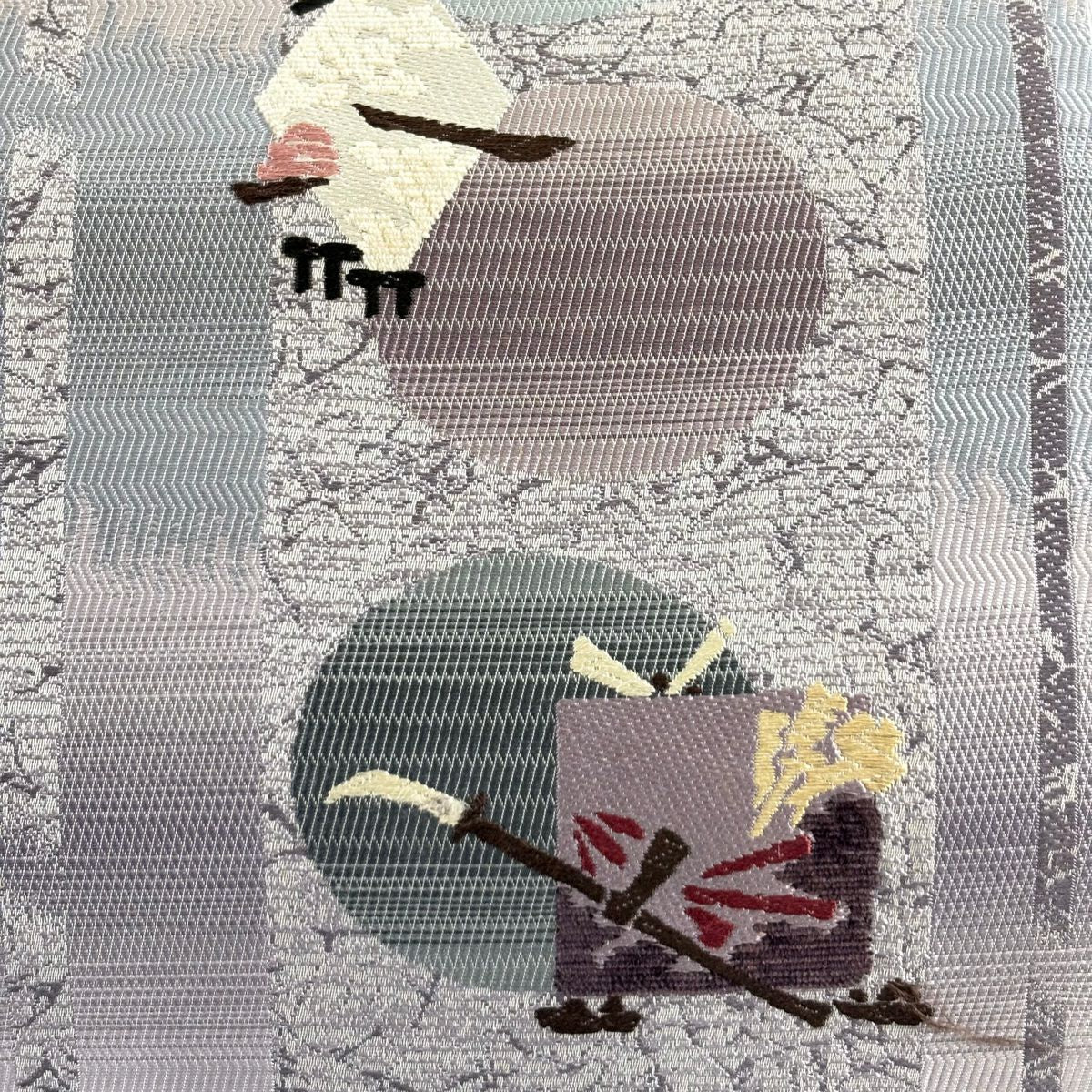 袋帶 名品級 相遇 野蠶絲 絲絨線 大和 條紋 圓文 灰紫 六通 純蠶絲