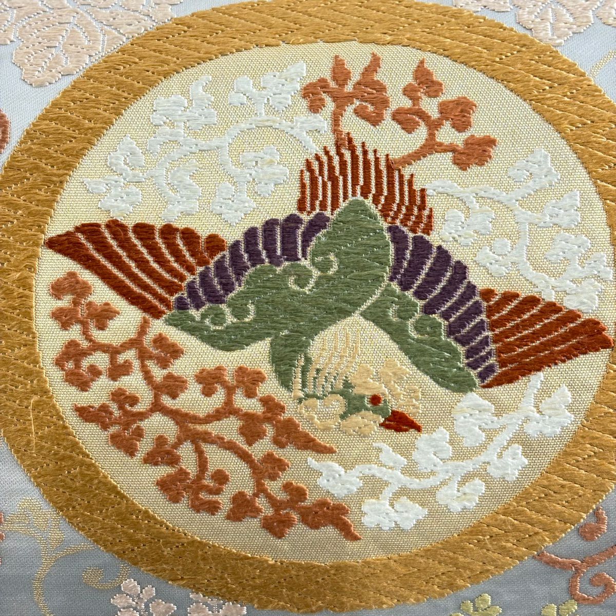 袋帶 名品級 河合美術織物 附落款 鳳凰 桐唐草紋 唐織 金金箔 灰色 六通 純蠶絲