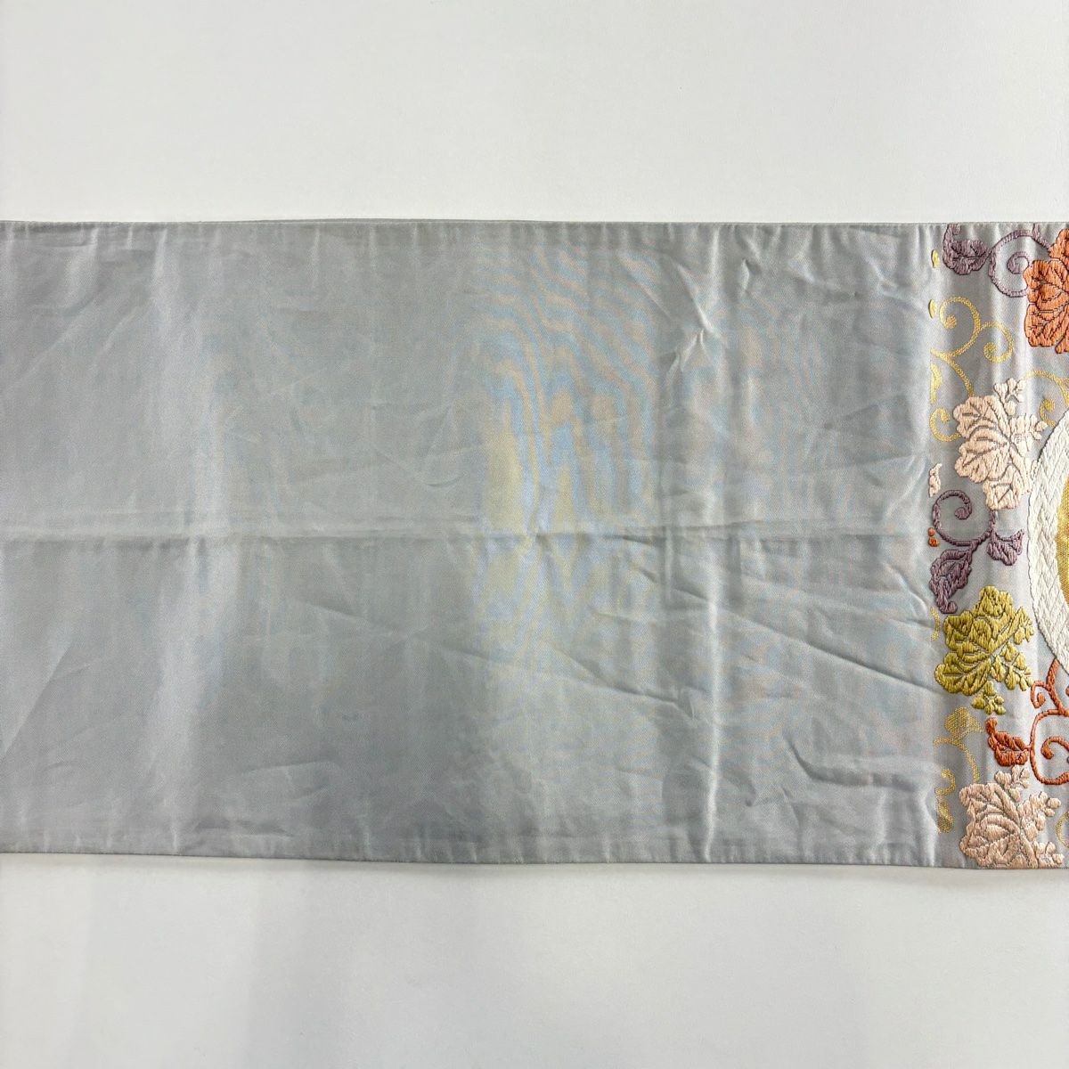 袋帶 名品級 河合美術織物 附落款 鳳凰 桐唐草紋 唐織 金金箔 灰色 六通 純蠶絲