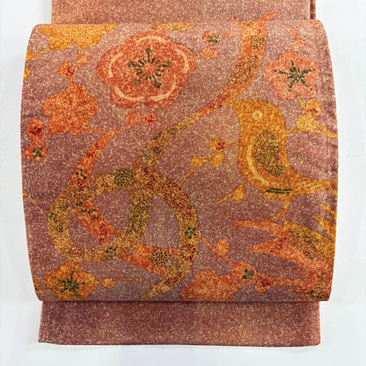 【美品】 袋帶 名品級 落款あり 証紙あり 大島紬織地 梅花 鶯 漸層 紅茶 お太鼓柄 純蠶絲