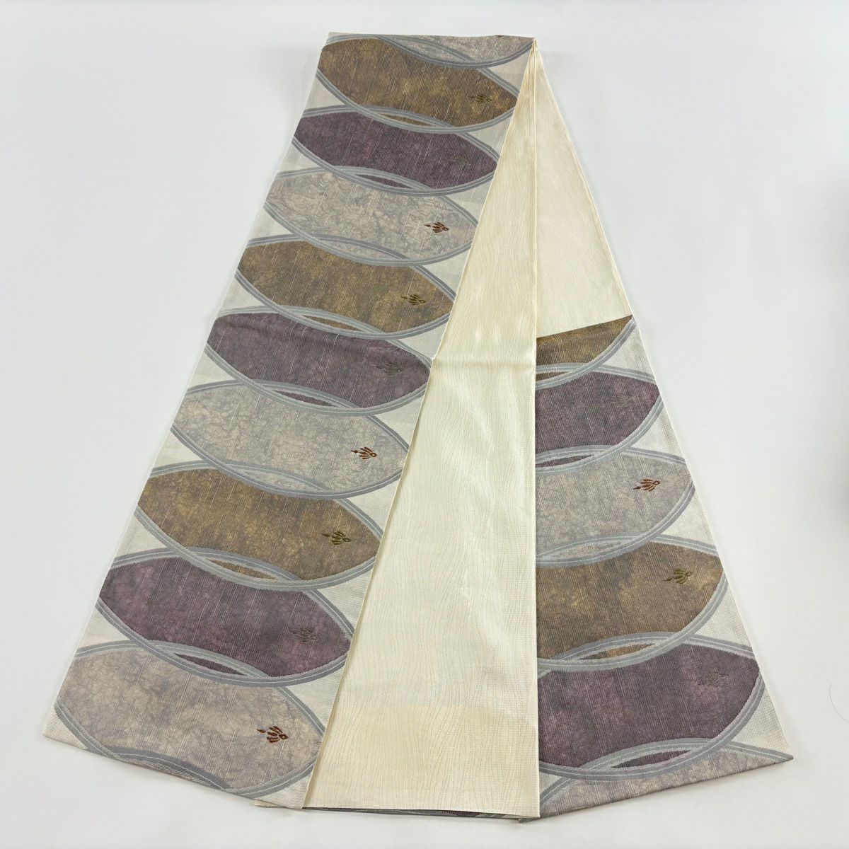 【美品】 袋帶 名品級 鳥 幾何學 金金箔 金絲 灰色 六通 純蠶絲