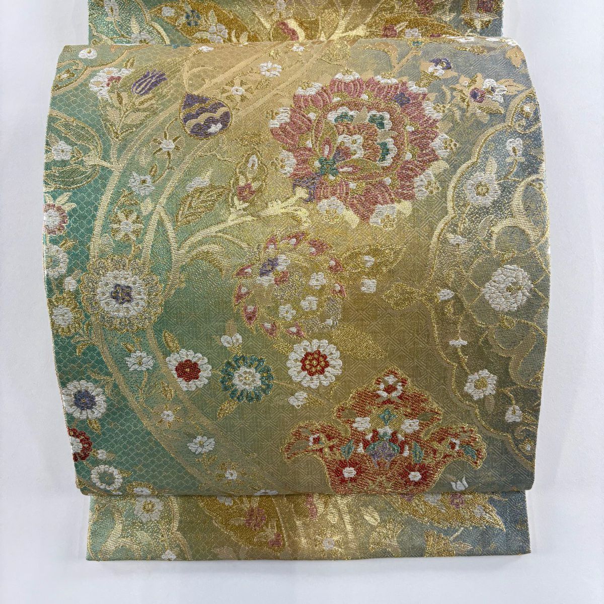 【美品】 袋帶 名品級 證書齊全 花唐草紋 金絲 金金箔 金 六通 純蠶絲
