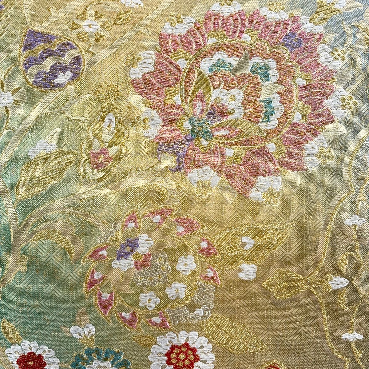 【美品】 袋帶 名品級 證書齊全 花唐草紋 金絲 金金箔 金 六通 純蠶絲