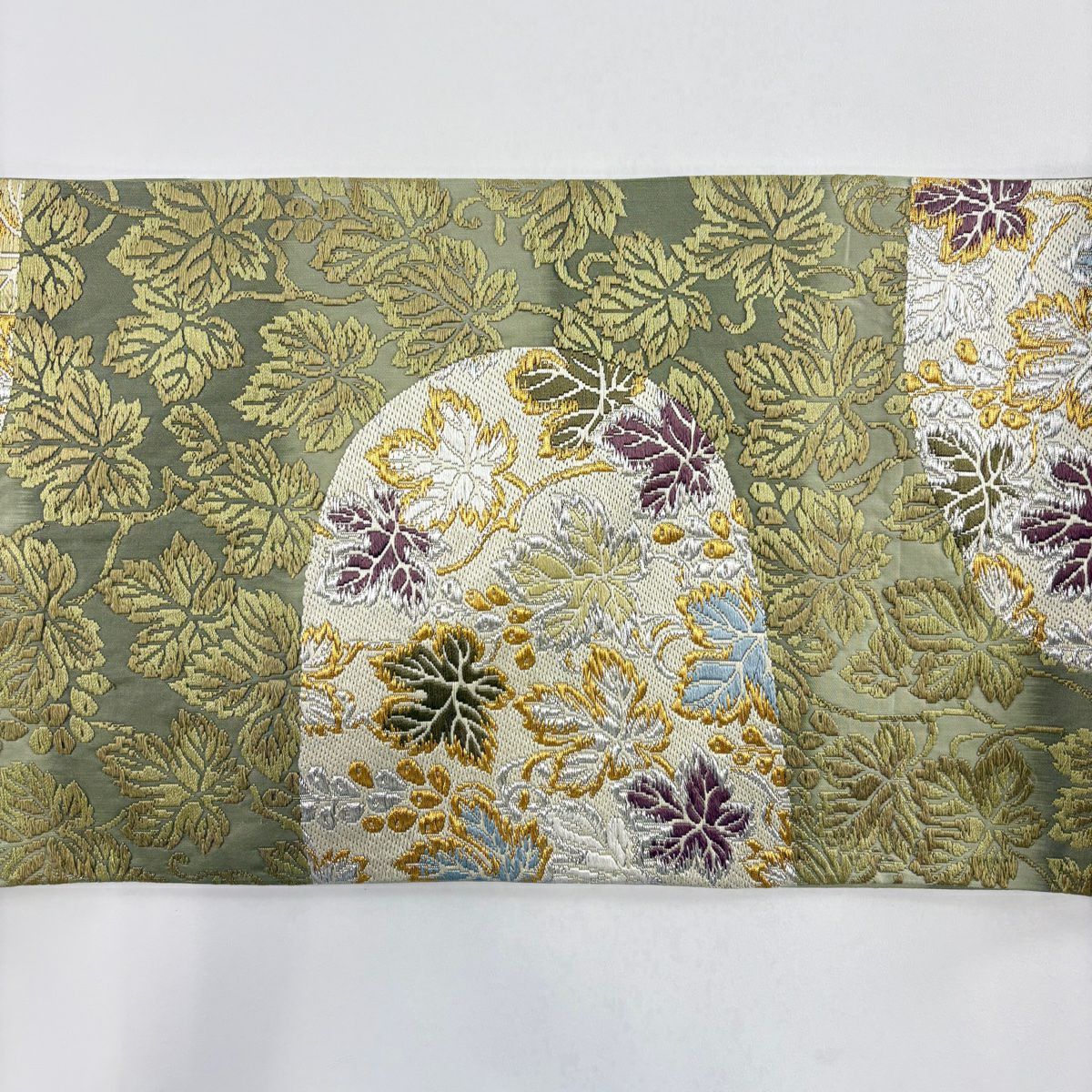 袋帶 名品級 葡萄 金銀彩 唐織 鶯 綠 六通 純蠶絲