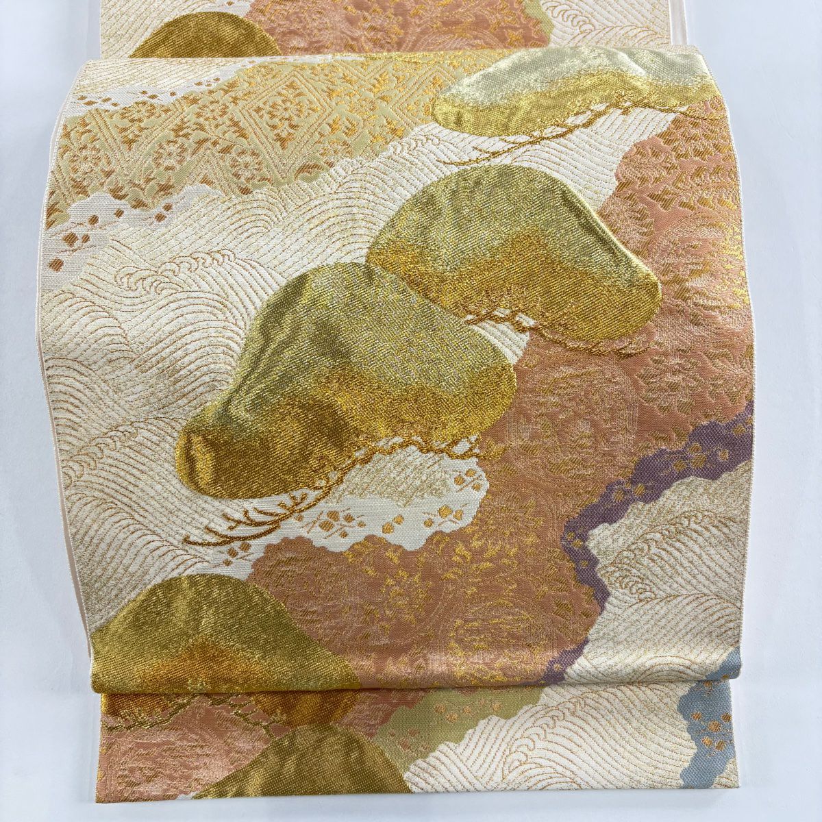 【美品】 袋帶 名品級 落款あり 本家加納 笠松樹 道長取 金絲 金金箔 金色 六通 純蠶絲