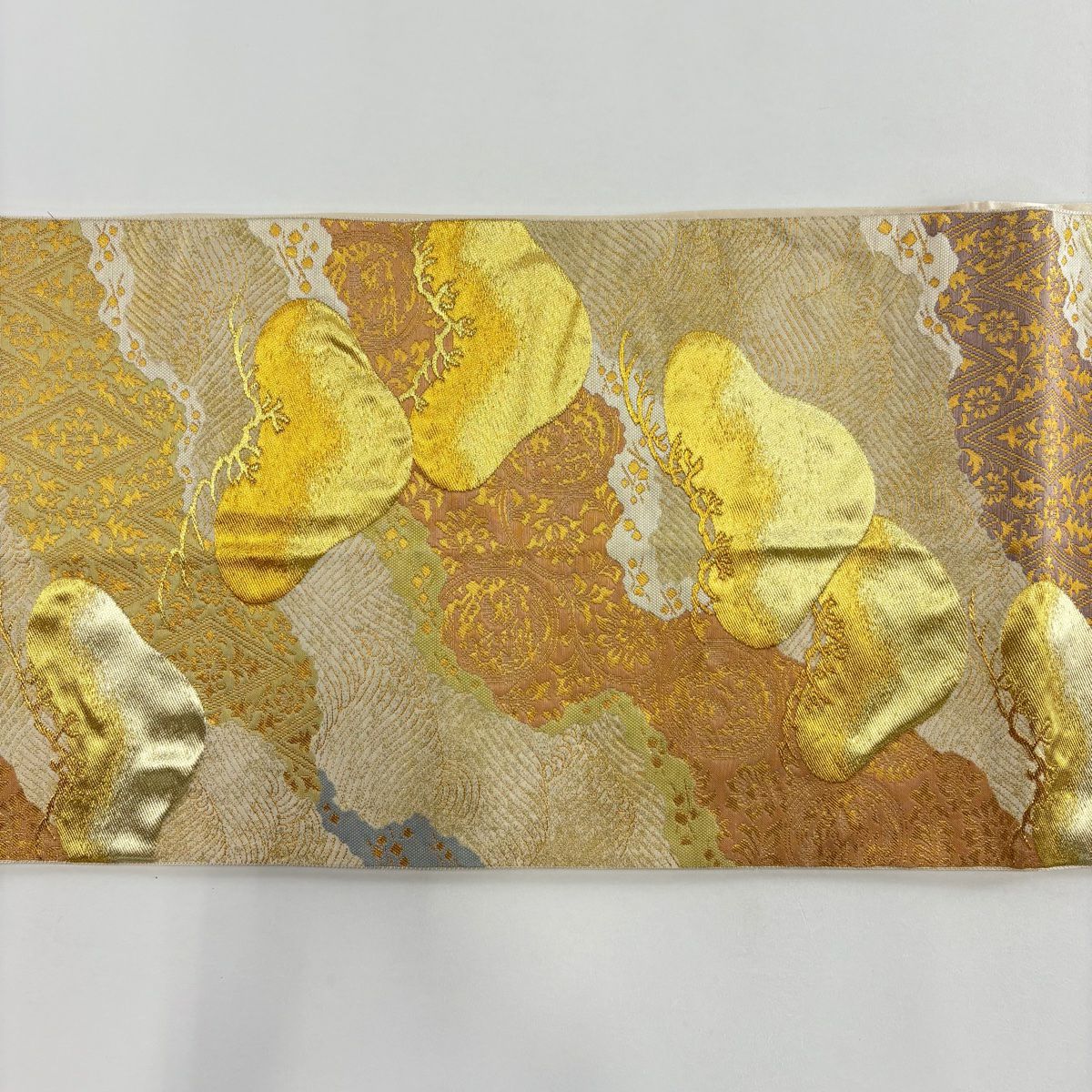 【美品】 袋帶 名品級 落款あり 本家加納 笠松樹 道長取 金絲 金金箔 金色 六通 純蠶絲