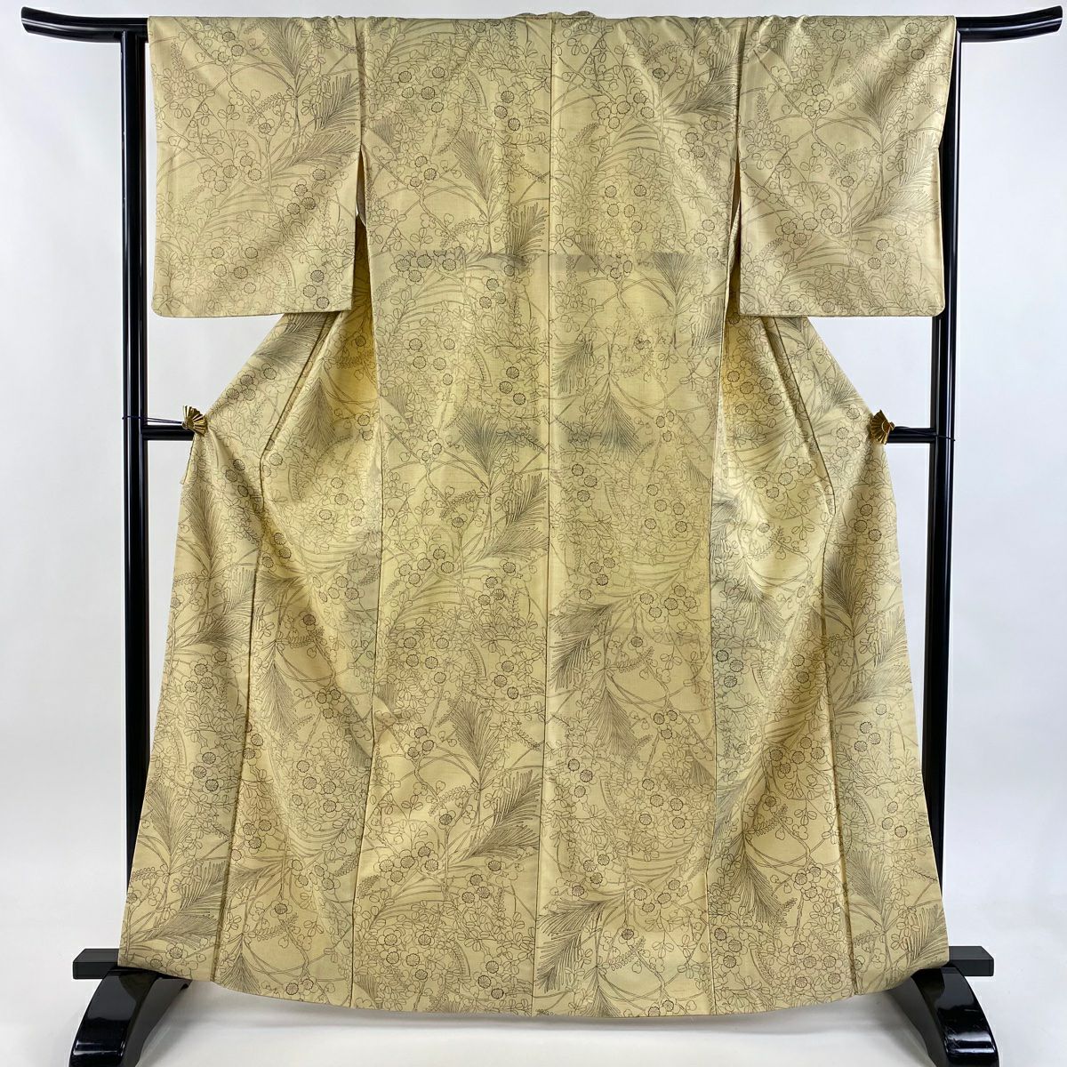 【美品】 小紋 身長164.5cm 袖長64.5cm M 雙層 紬織織 枝梅花 萩 薄黃 純蠶絲 秀品級