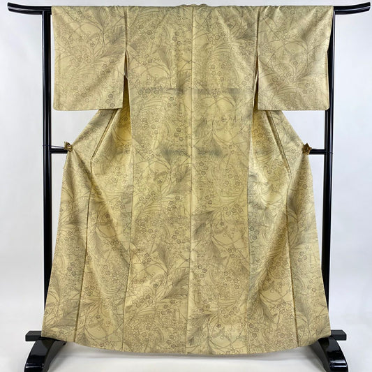 【美品】 小紋 身長164.5cm 袖長64.5cm M 雙層 紬織織 枝梅花 萩 薄黃 純蠶絲 秀品級