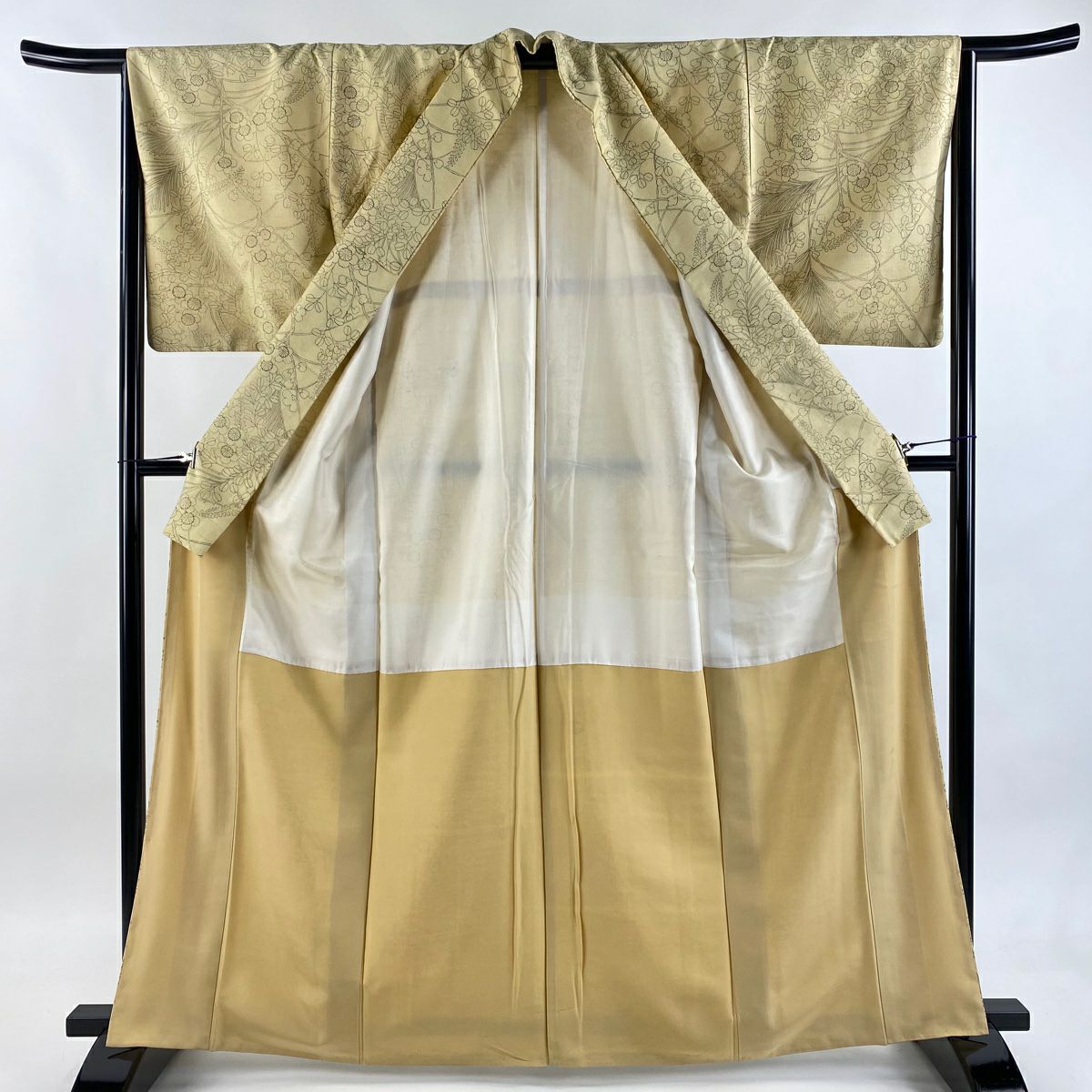 【美品】 小紋 身長164.5cm 袖長64.5cm M 雙層 紬織織 枝梅花 萩 薄黃 純蠶絲 秀品級