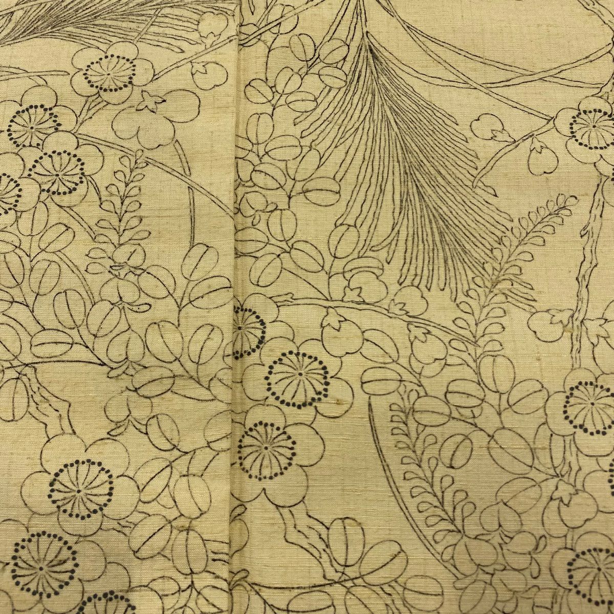 【美品】 小紋 身長164.5cm 袖長64.5cm M 雙層 紬織織 枝梅花 萩 薄黃 純蠶絲 秀品級