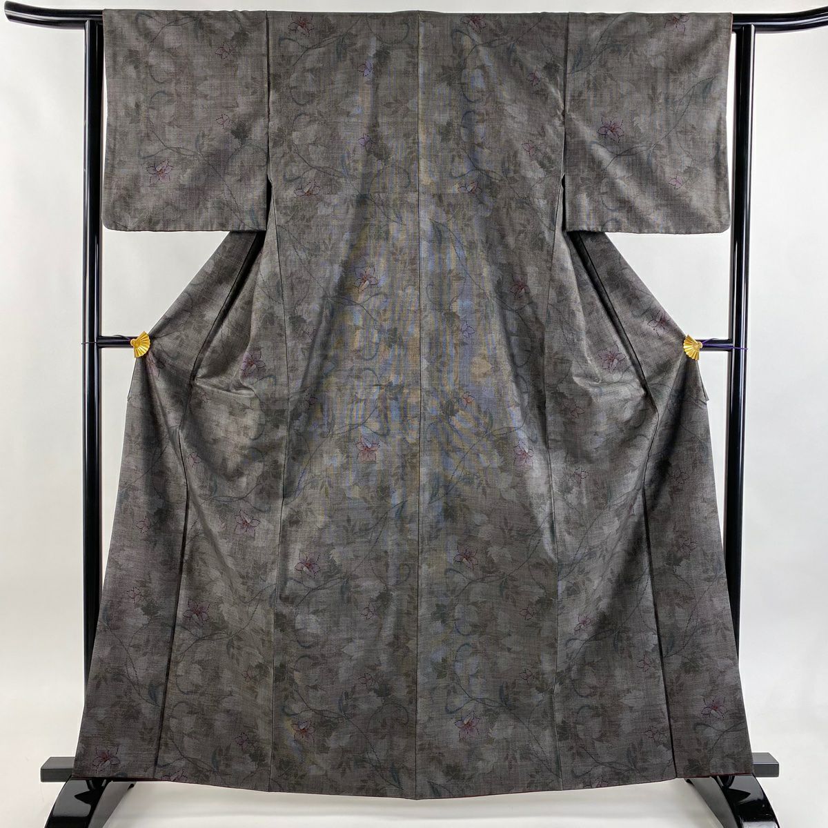【美品】 紬織織 身長163cm 袖長62.5cm S 雙層 草花紋紋 灰茶 純蠶絲 秀品級