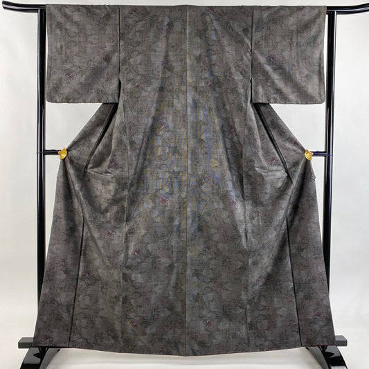 【美品】 紬織織 身長163cm 袖長62.5cm S 雙層 草花紋紋 灰茶 純蠶絲 秀品級