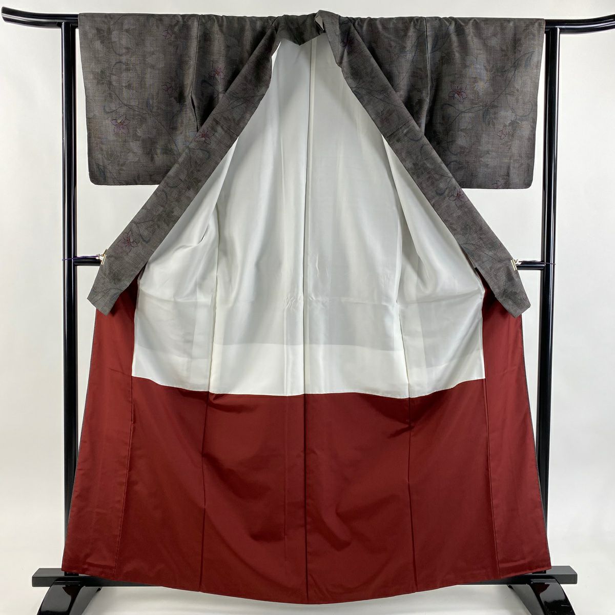 【美品】 紬織織 身長163cm 袖長62.5cm S 雙層 草花紋紋 灰茶 純蠶絲 秀品級