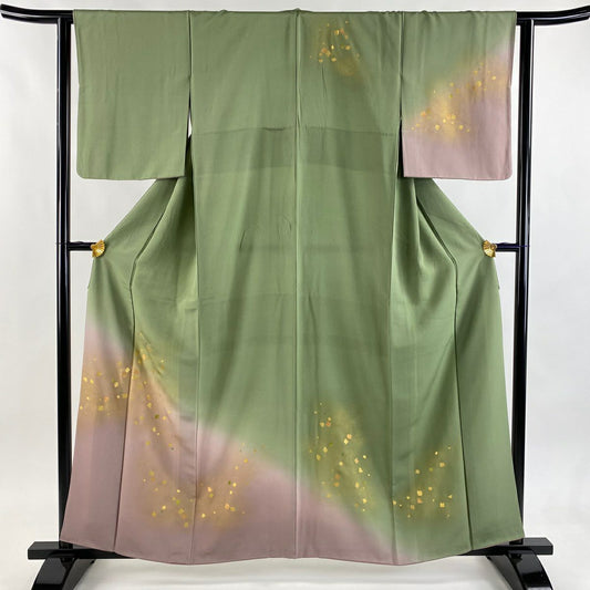付下 身長160cm 袖長62cm S 雙層 金金箔散布紋 金銀彩 漸層 淺綠 純蠶絲 優品級