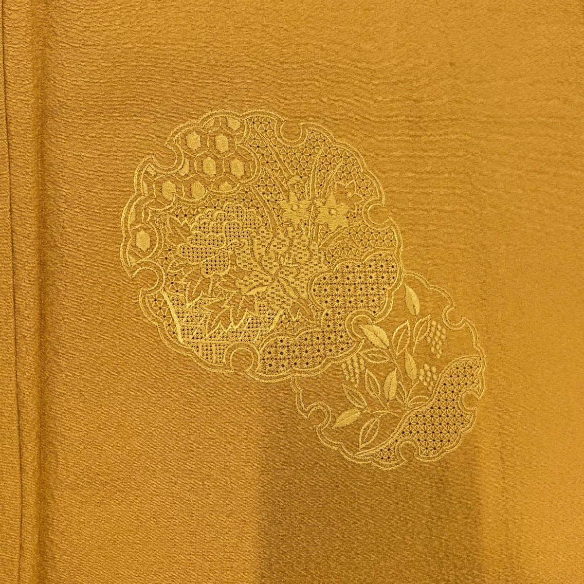 付下 身長160cm 袖長65cm M 雙層 雪輪 草花紋刺繡 山吹 純蠶絲 秀品級