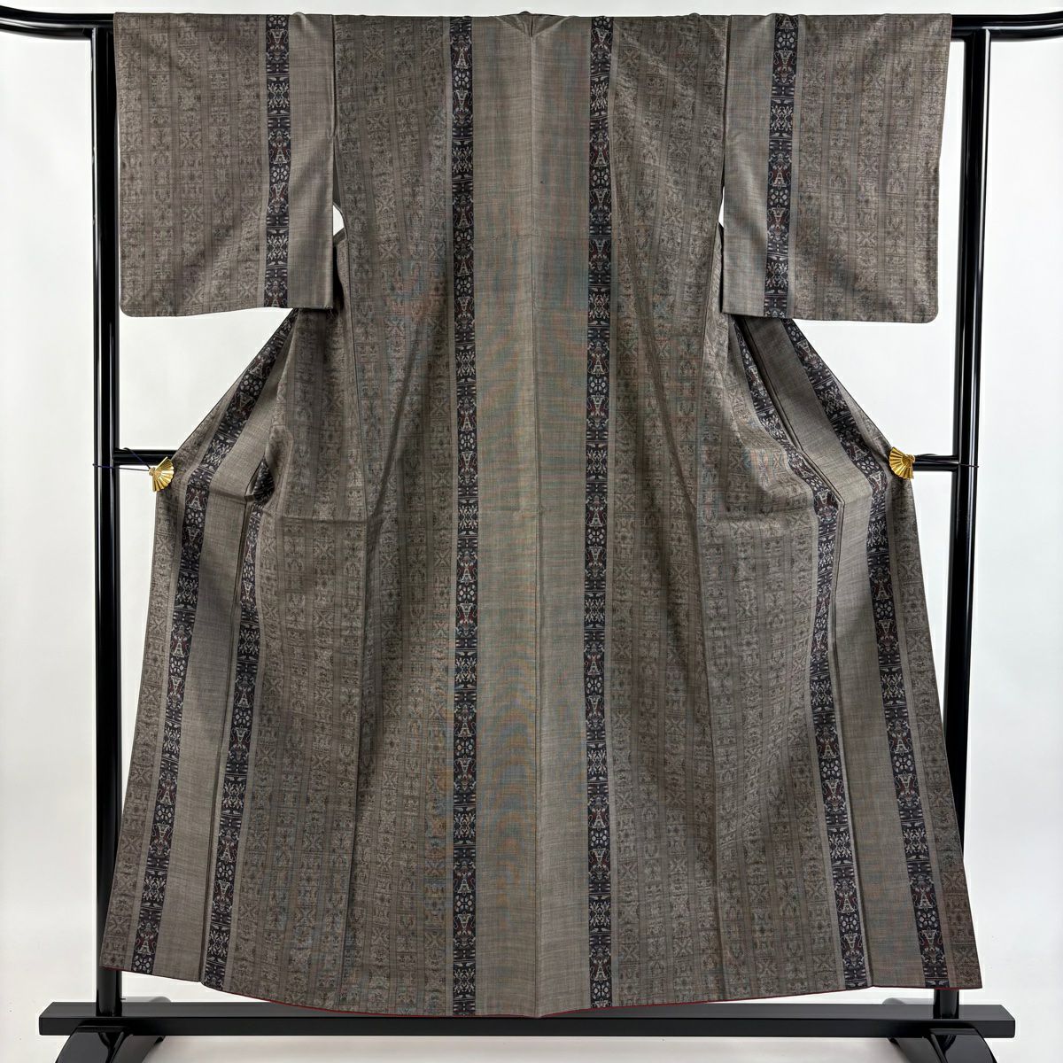 【美品】 紬織 身長155cm 袖長63cm S 雙層 縞 幾何圖案 焦茶 純蠶絲 秀品級