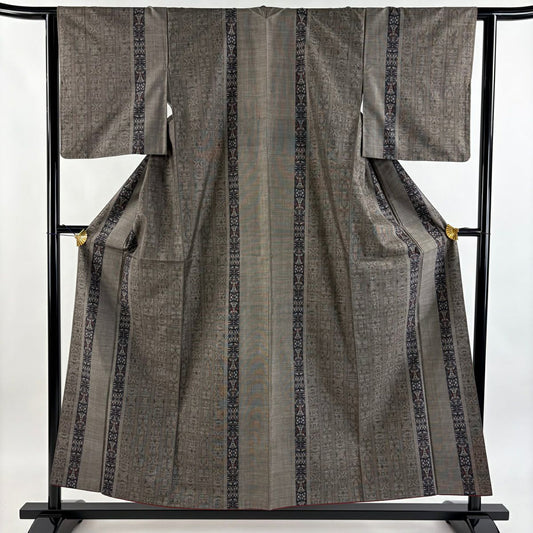 【美品】 紬織 身長155cm 袖長63cm S 雙層 縞 幾何圖案 焦茶 純蠶絲 秀品級