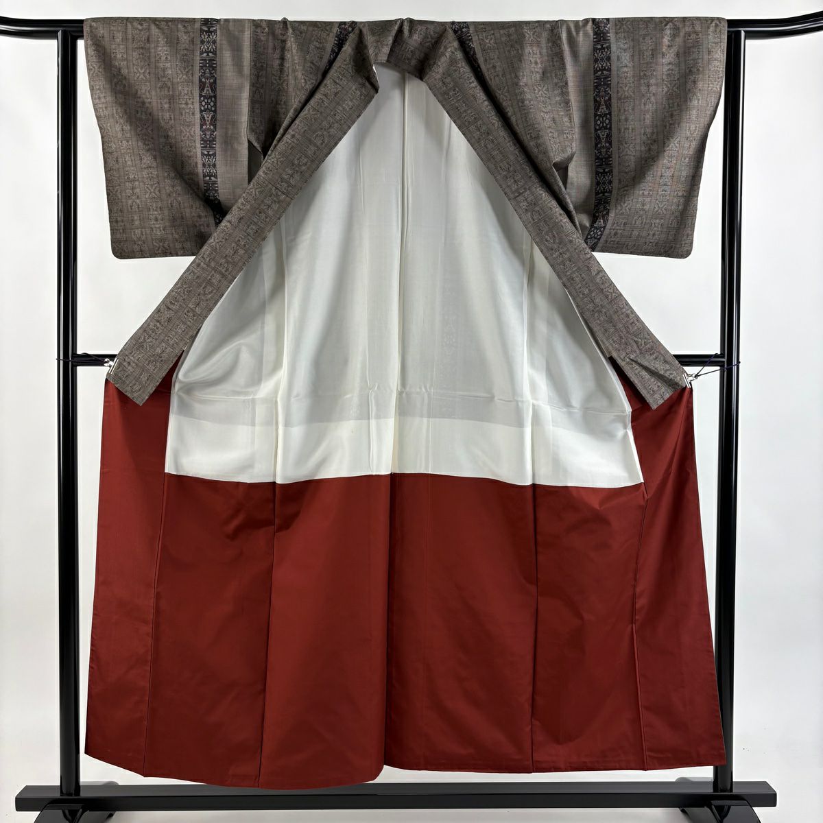 【美品】 紬織 身長155cm 袖長63cm S 雙層 縞 幾何圖案 焦茶 純蠶絲 秀品級