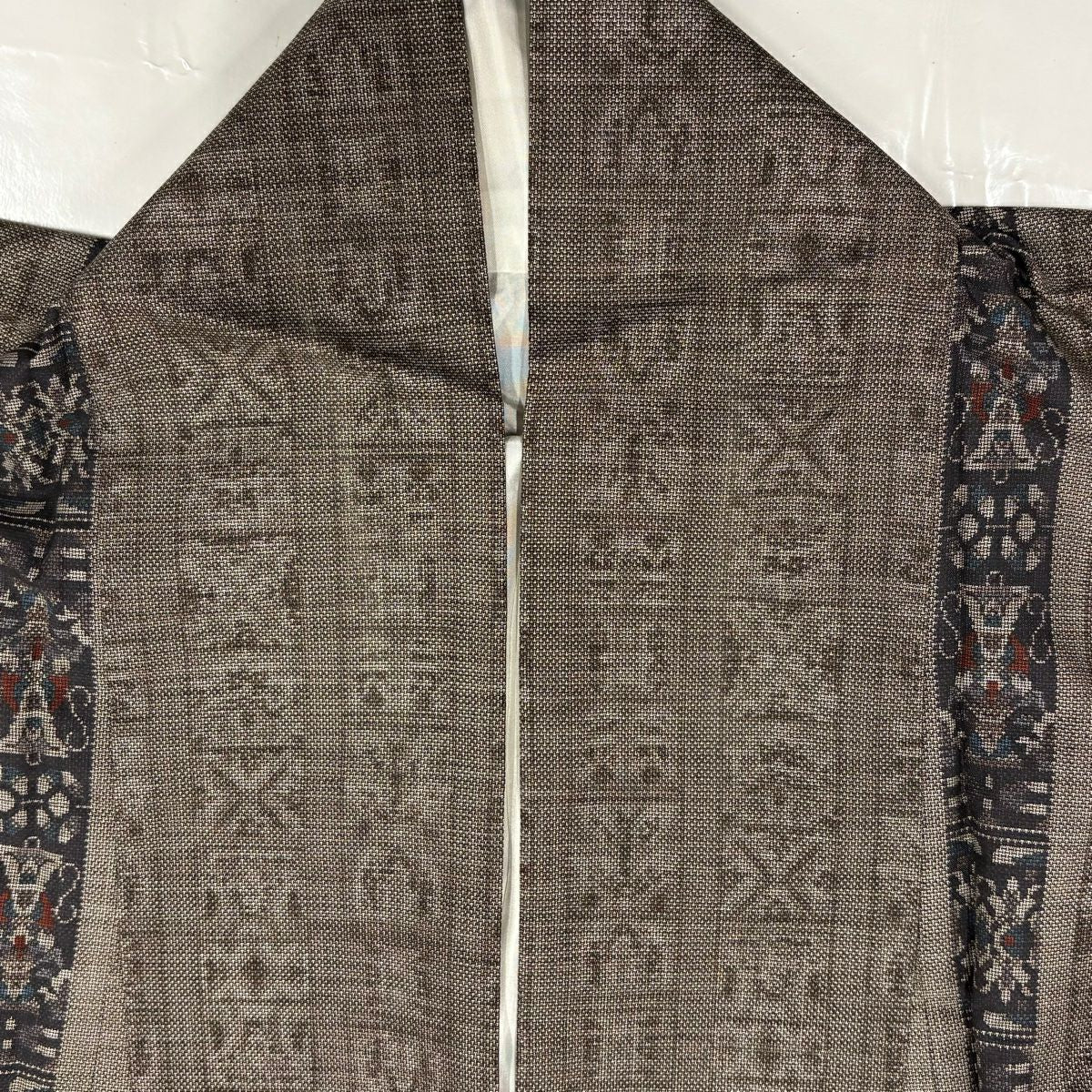 【美品】 紬織 身長155cm 袖長63cm S 雙層 縞 幾何圖案 焦茶 純蠶絲 秀品級