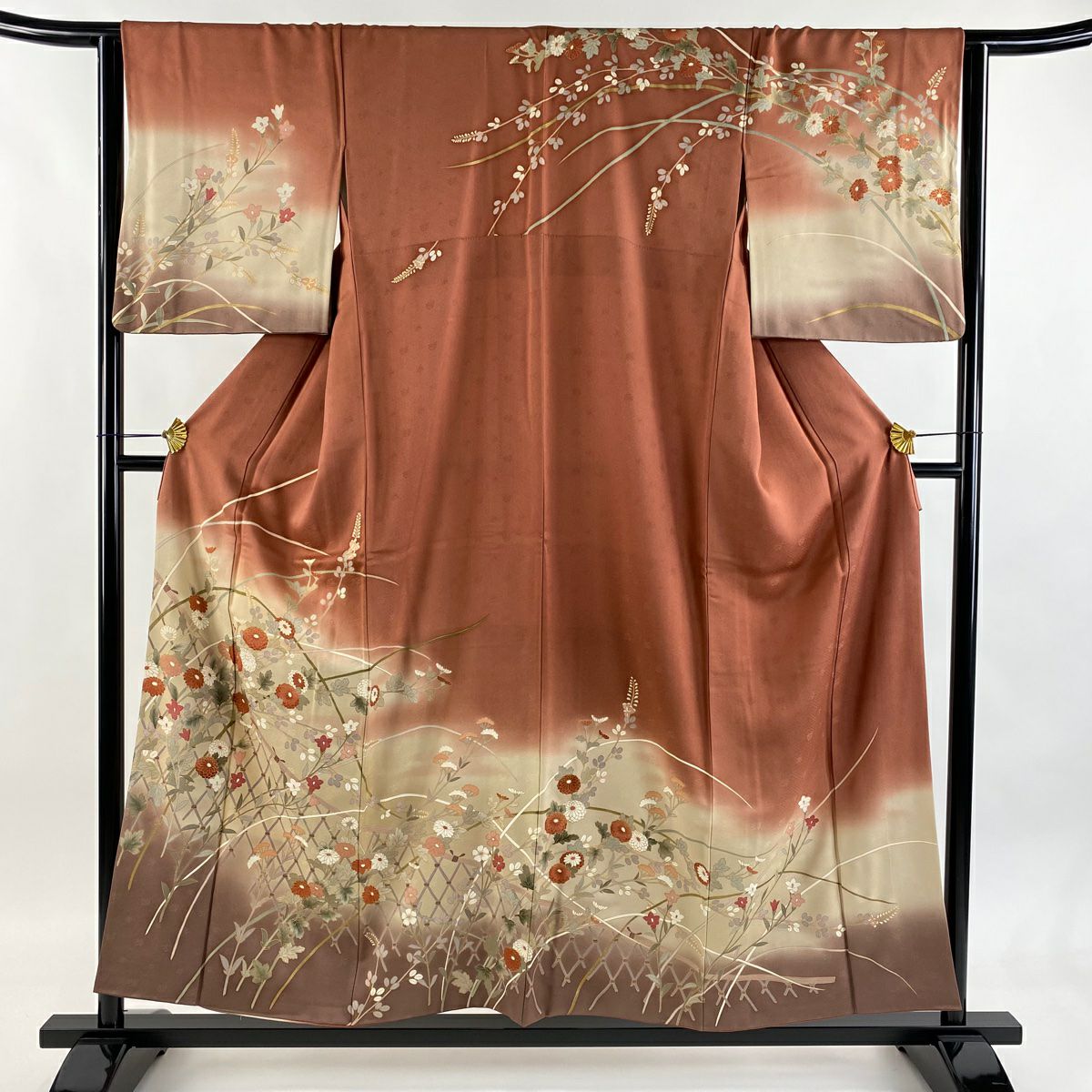 訪問服 身長155.5cm 袖長64cm M 雙層 秋草 光悅垣 金彩裝飾 染分 紅茶 純蠶絲 秀品級