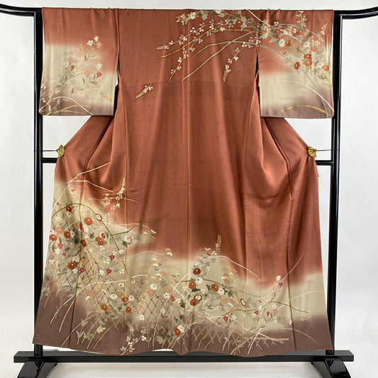 訪問服 身長155.5cm 袖長64cm M 雙層 秋草 光悅垣 金彩裝飾 染分 紅茶 純蠶絲 秀品級