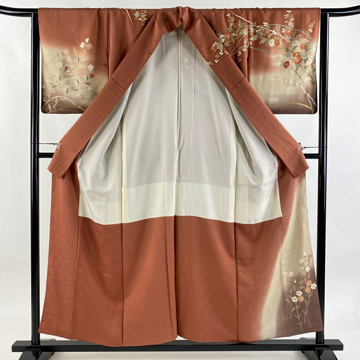 訪問服 身長155.5cm 袖長64cm M 雙層 秋草 光悅垣 金彩裝飾 染分 紅茶 純蠶絲 秀品級