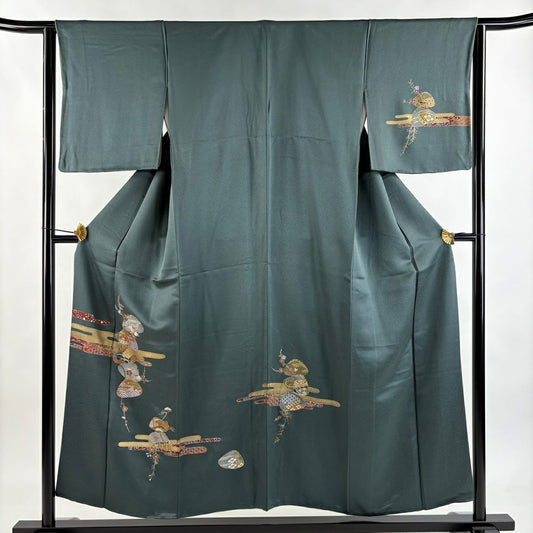 付下 身長153.5cm 袖長63.5cm S 雙層 貝合式 ヱ霞 金銀彩 深綠 純蠶絲 優品級