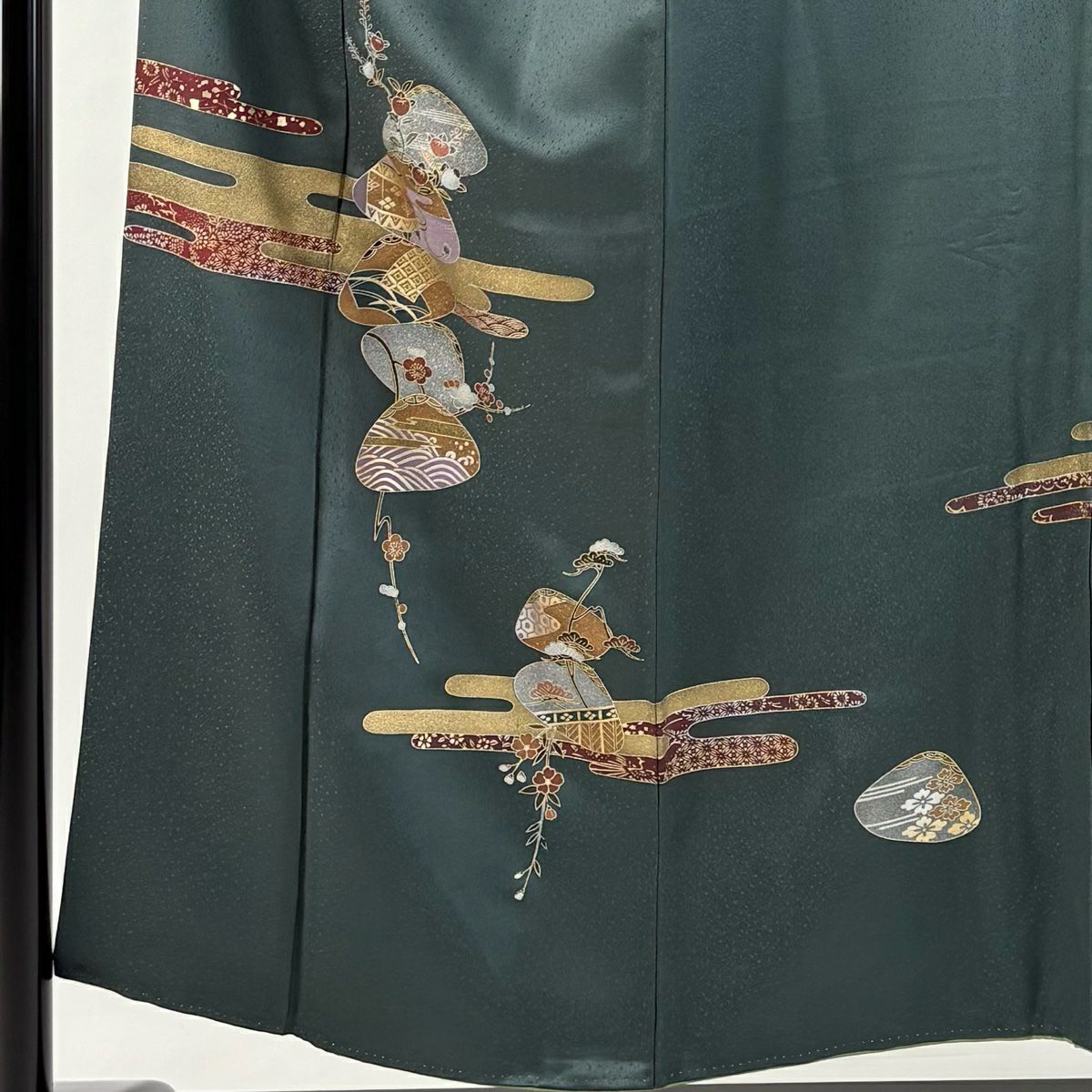 付下 身長153.5cm 袖長63.5cm S 雙層 貝合式 ヱ霞 金銀彩 深綠 純蠶絲 優品級
