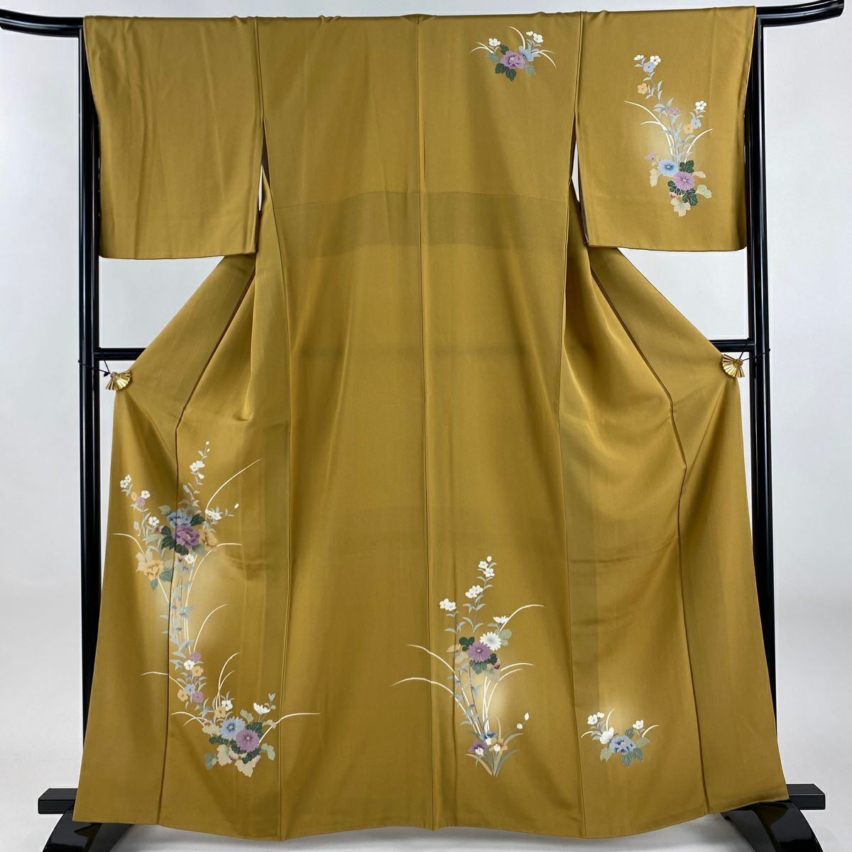 付下 身長161.5cm 袖長66cm M 雙層 草花紋紋 菊花 花瓣漸變 山吹茶 純蠶絲 優品級