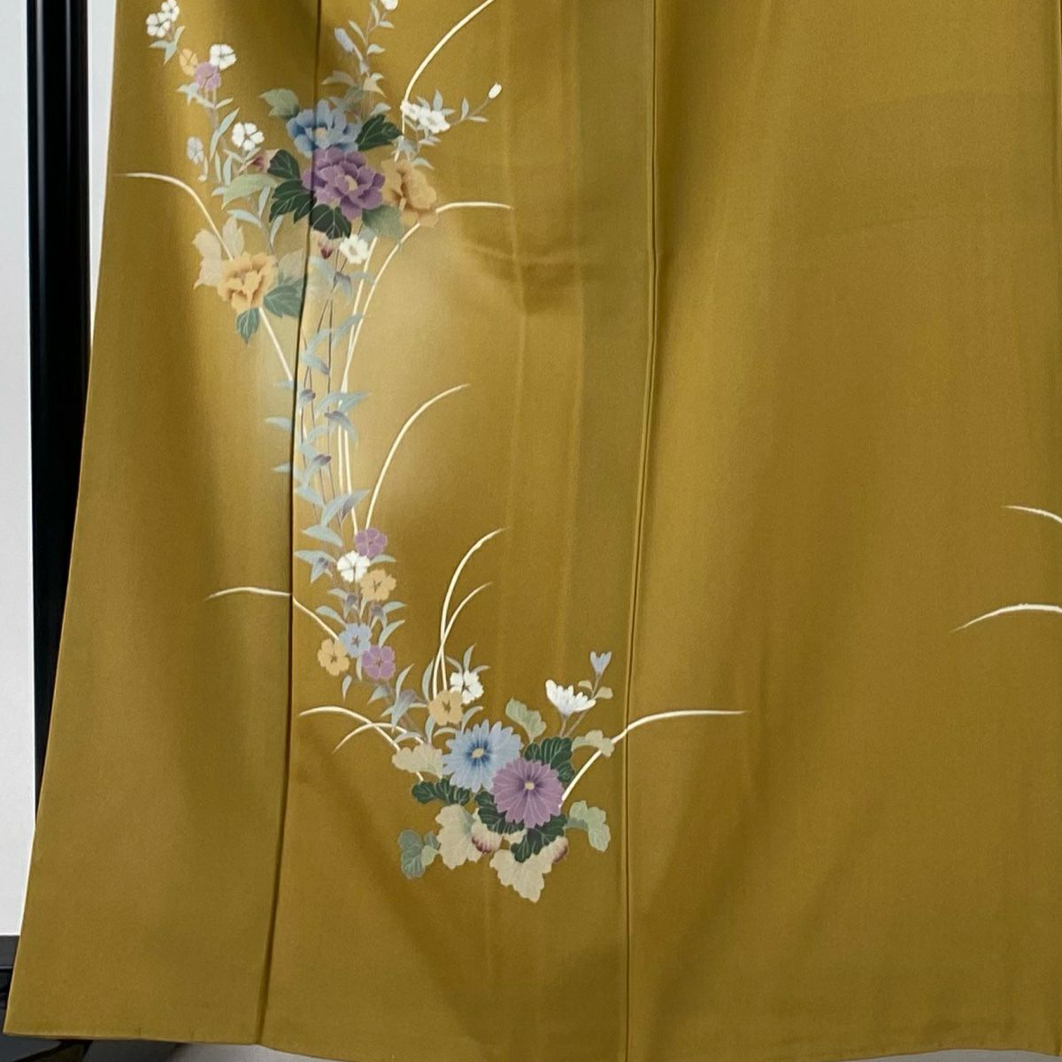 付下 身長161.5cm 袖長66cm M 雙層 草花紋紋 菊花 花瓣漸變 山吹茶 純蠶絲 優品級