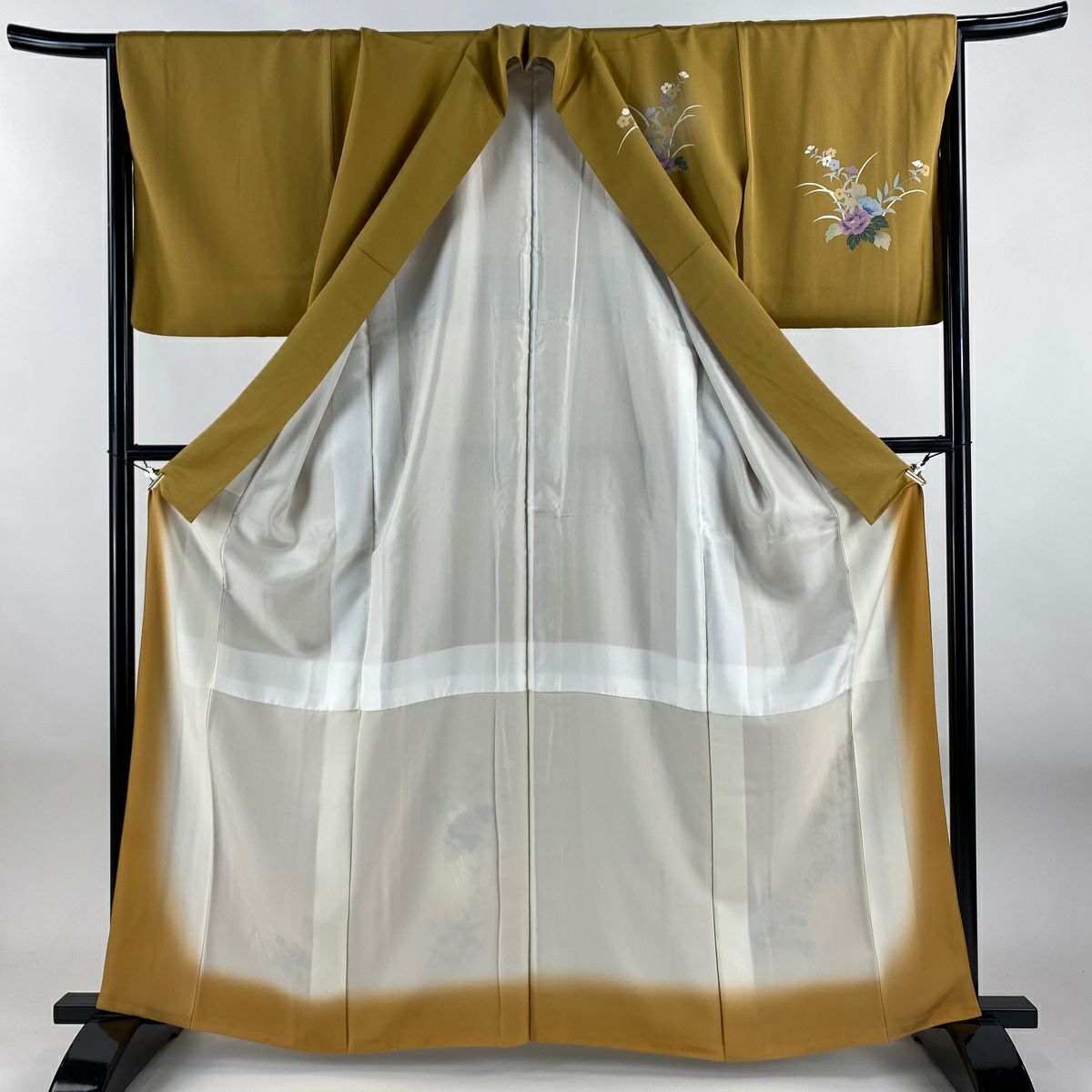 付下 身長161.5cm 袖長66cm M 雙層 草花紋紋 菊花 花瓣漸變 山吹茶 純蠶絲 優品級
