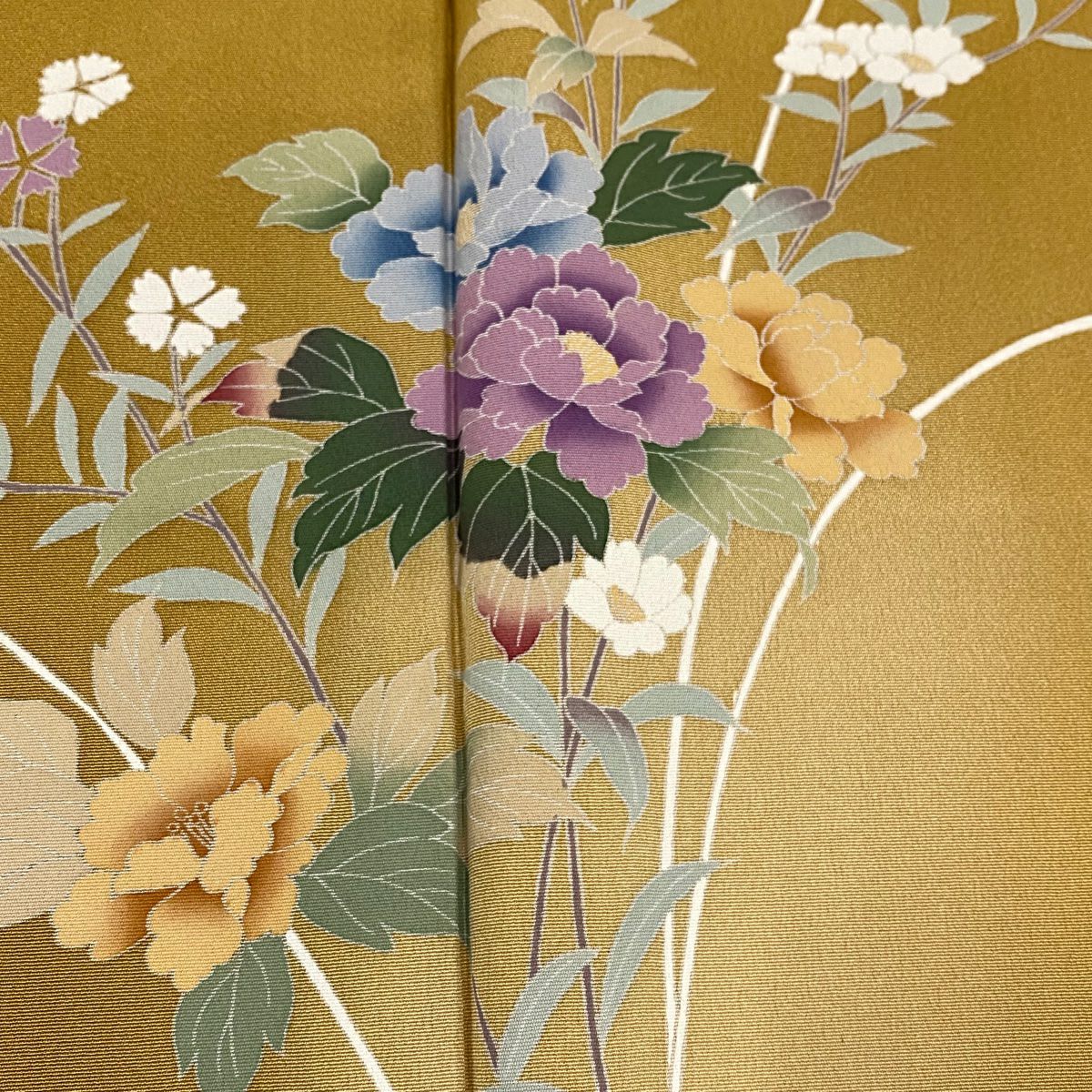 付下 身長161.5cm 袖長66cm M 雙層 草花紋紋 菊花 花瓣漸變 山吹茶 純蠶絲 優品級