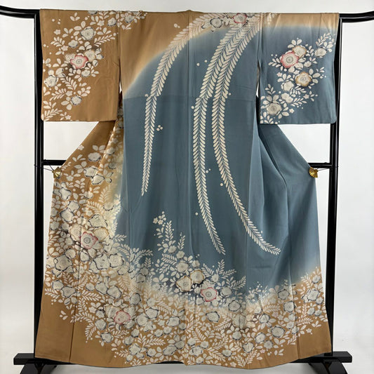 訪問服 身長158.5cm 袖長66cm M 雙層 辻花染圖案 染分 漸層 淺茶 純蠶絲 優品級