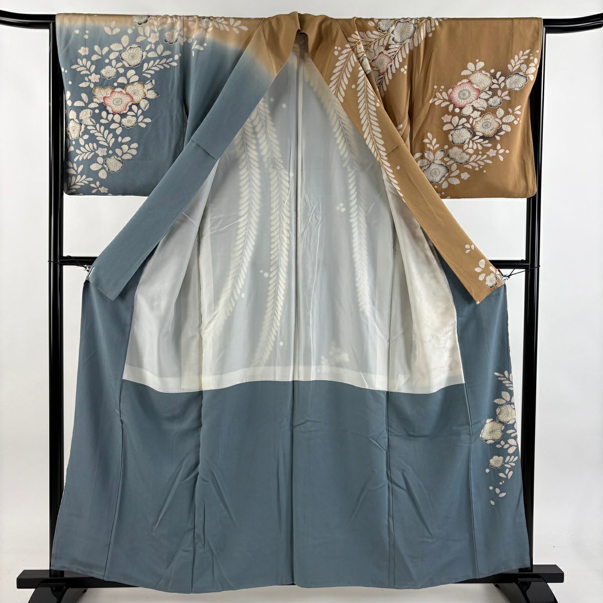 訪問服 身長158.5cm 袖長66cm M 雙層 辻花染圖案 染分 漸層 淺茶 純蠶絲 優品級