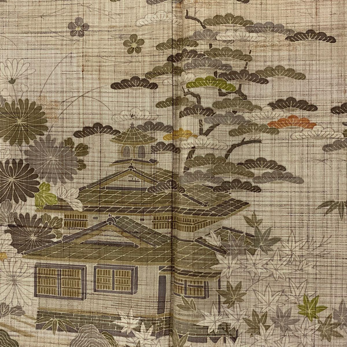 訪問服 身長160cm 袖長62cm S 雙層 紬織織 建物 松樹竹子梅花 灰茶 純蠶絲 秀品級
