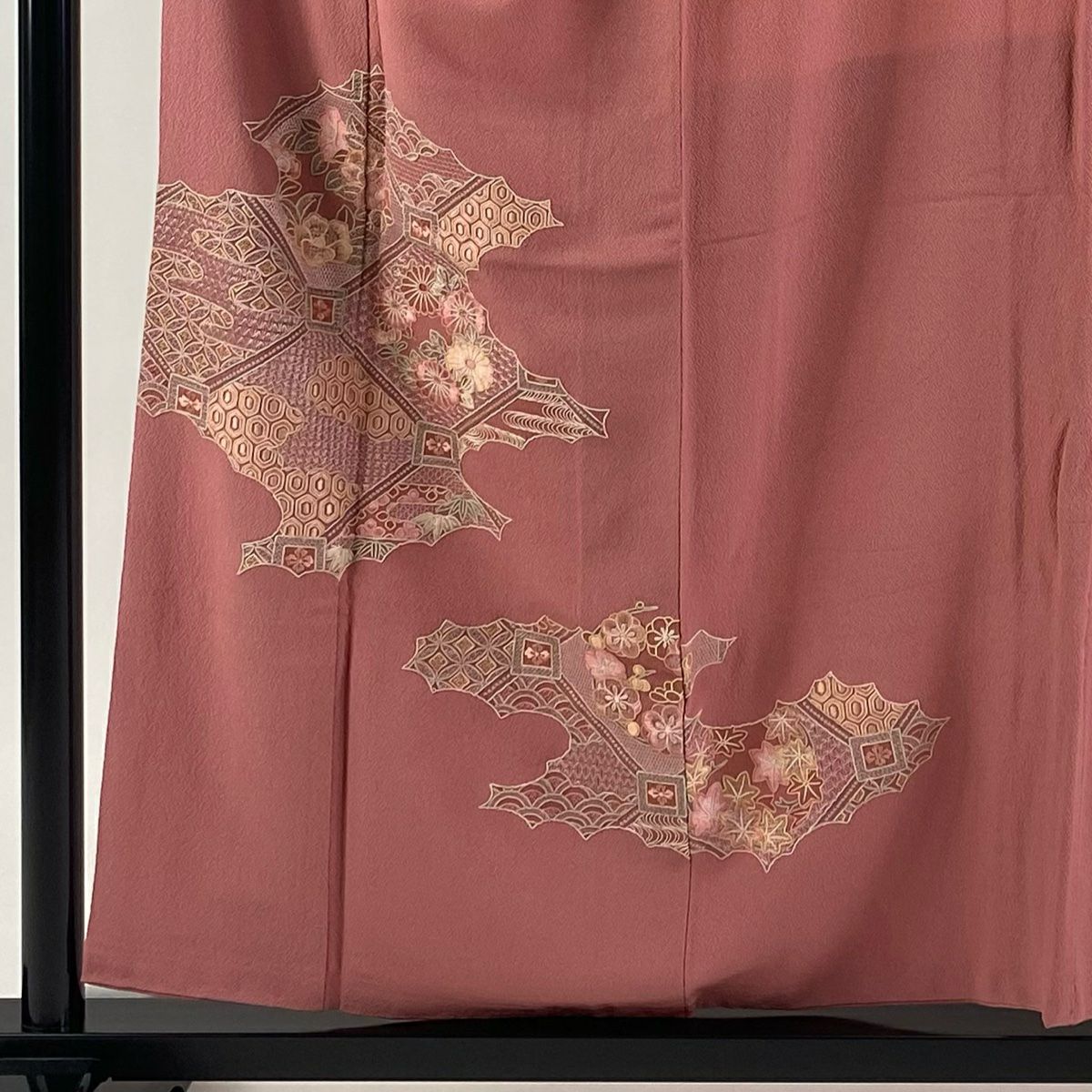 付下 身長154.5cm 袖長63.5cm S 雙層 蜀江紋 花丸紋 刺繡 粉紅 純蠶絲 秀品級 一個紋