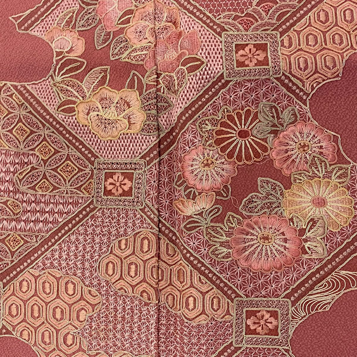 付下 身長154.5cm 袖長63.5cm S 雙層 蜀江紋 花丸紋 刺繡 粉紅 純蠶絲 秀品級 一個紋