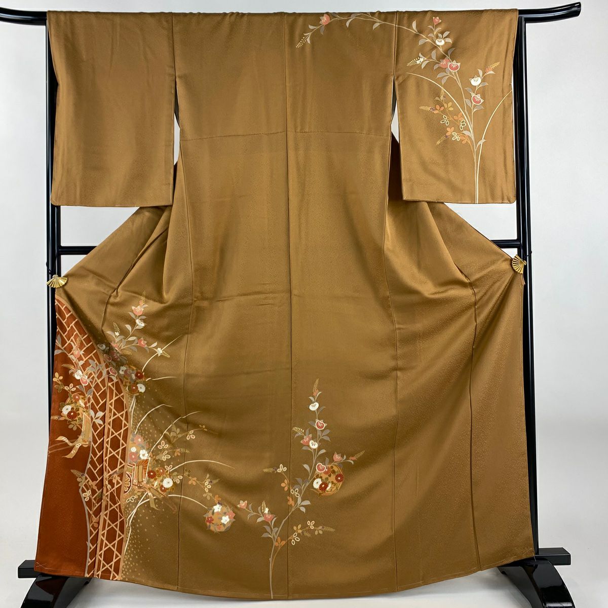 【美品】訪問服 身長166cm 袖長65.5cm M 雙層 花丸紋 橘 金銀彩 茶 純蠶絲 秀品級