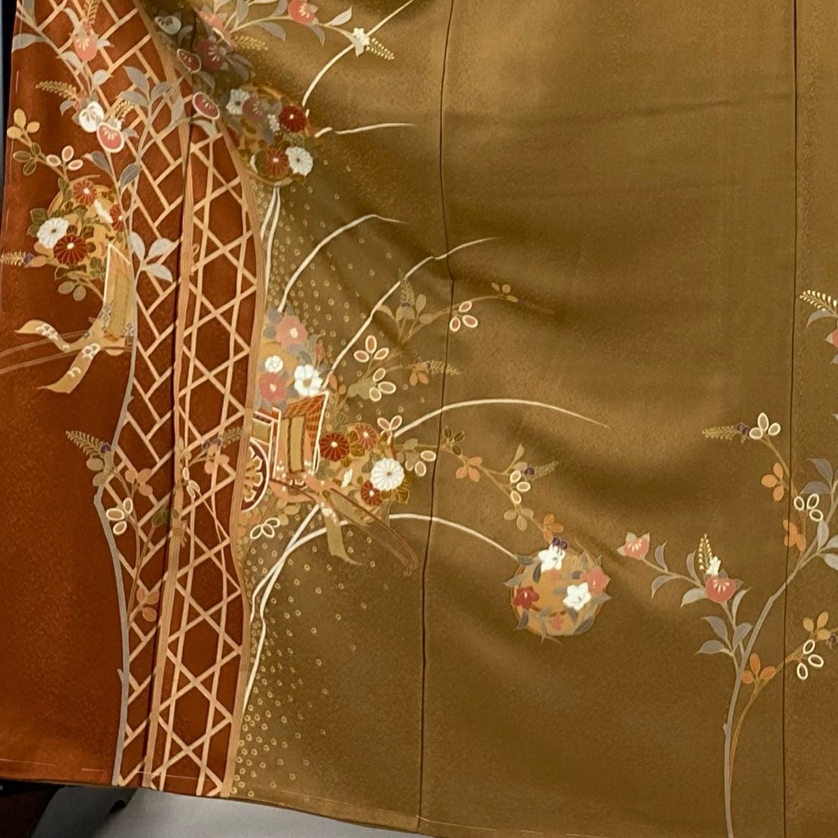 【美品】訪問服 身長166cm 袖長65.5cm M 雙層 花丸紋 橘 金銀彩 茶 純蠶絲 秀品級