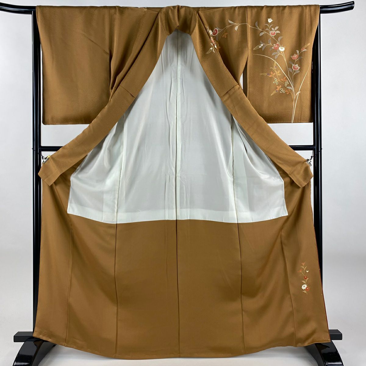 【美品】訪問服 身長166cm 袖長65.5cm M 雙層 花丸紋 橘 金銀彩 茶 純蠶絲 秀品級