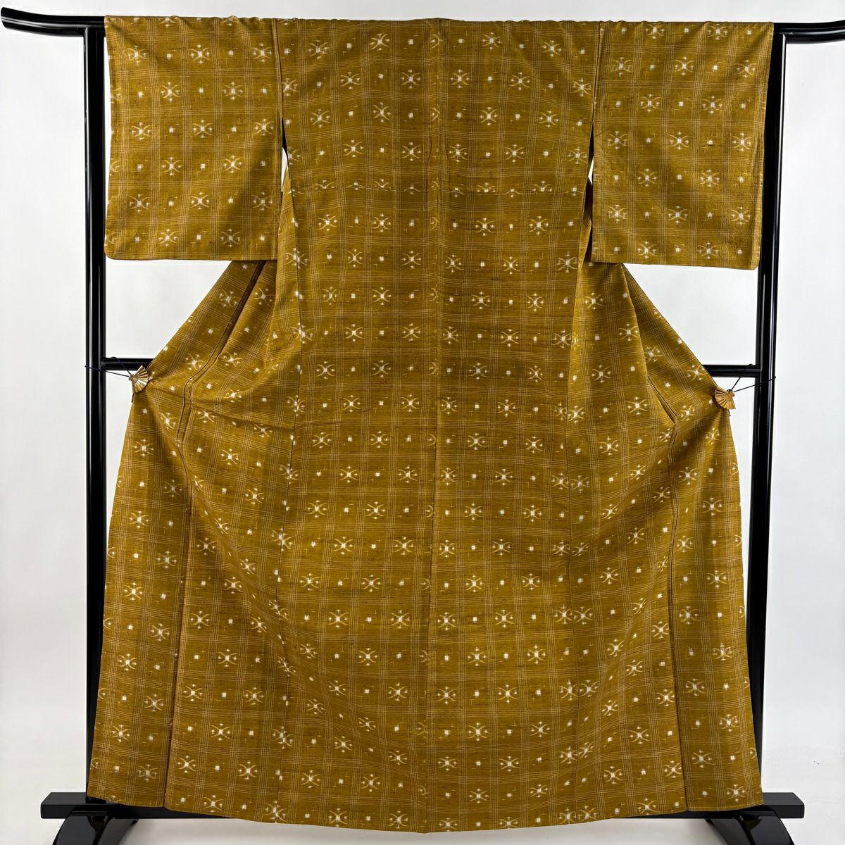 【美品】 紬織 身長163.5cm 袖長63.5cm S 單層 格子 幾何學 山吹茶 純蠶絲 秀品級