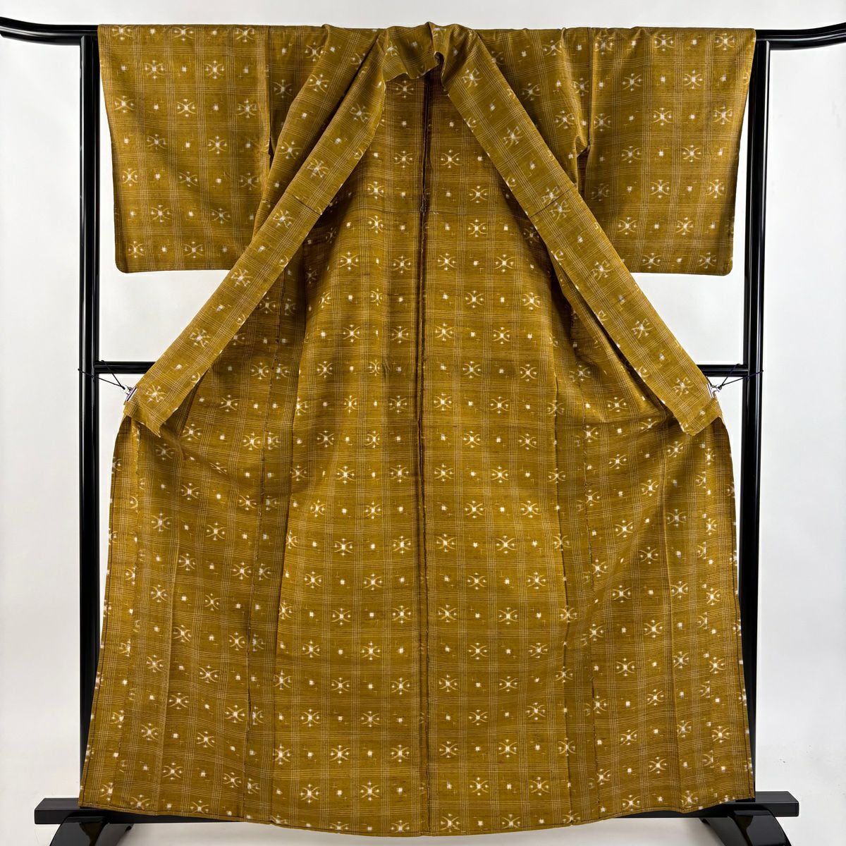 【美品】 紬織 身長163.5cm 袖長63.5cm S 單層 格子 幾何學 山吹茶 純蠶絲 秀品級