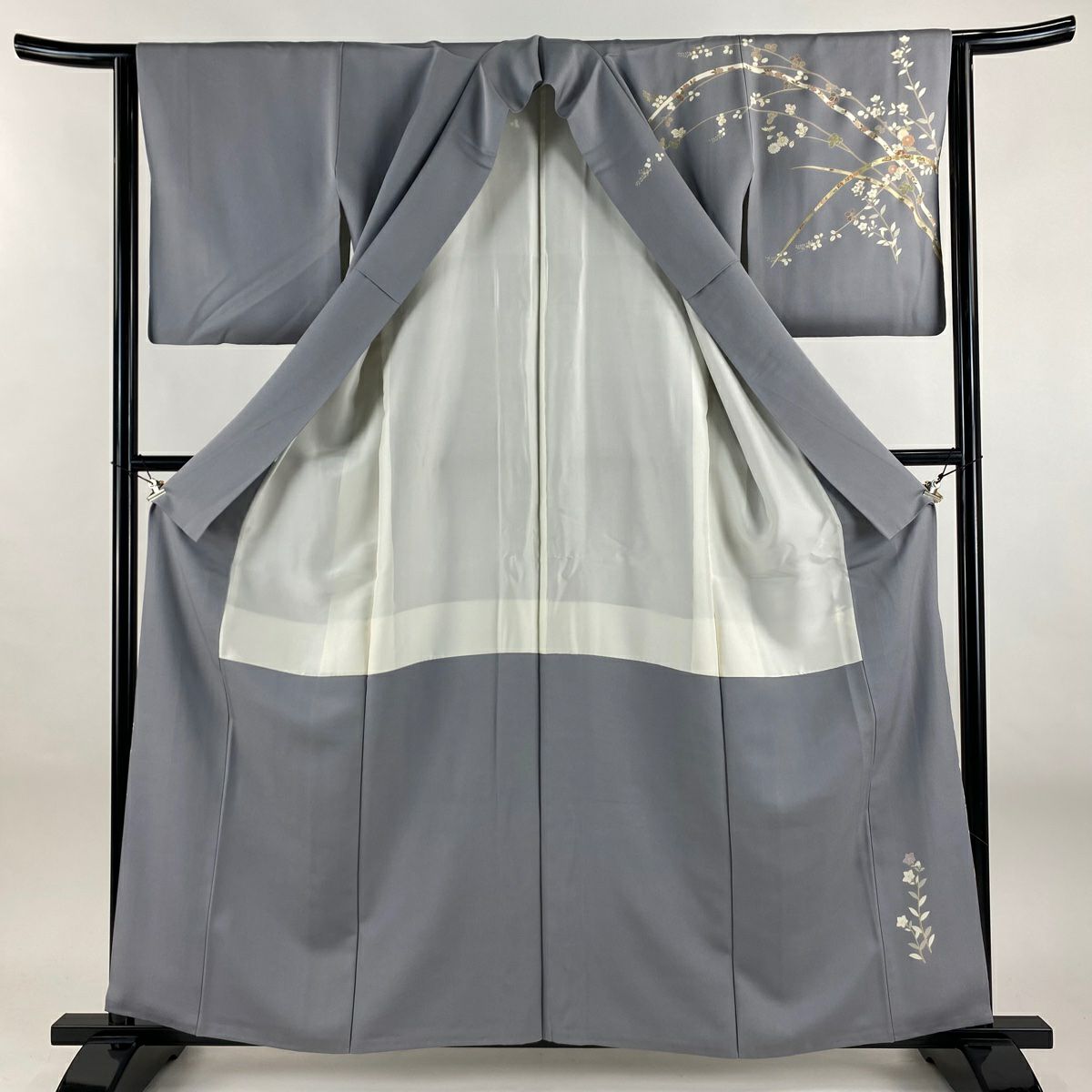訪問服 身長158cm 袖長63cm S 雙層 菊花 蔓帶 金銀彩 金絲 灰紫 純蠶絲 秀品級