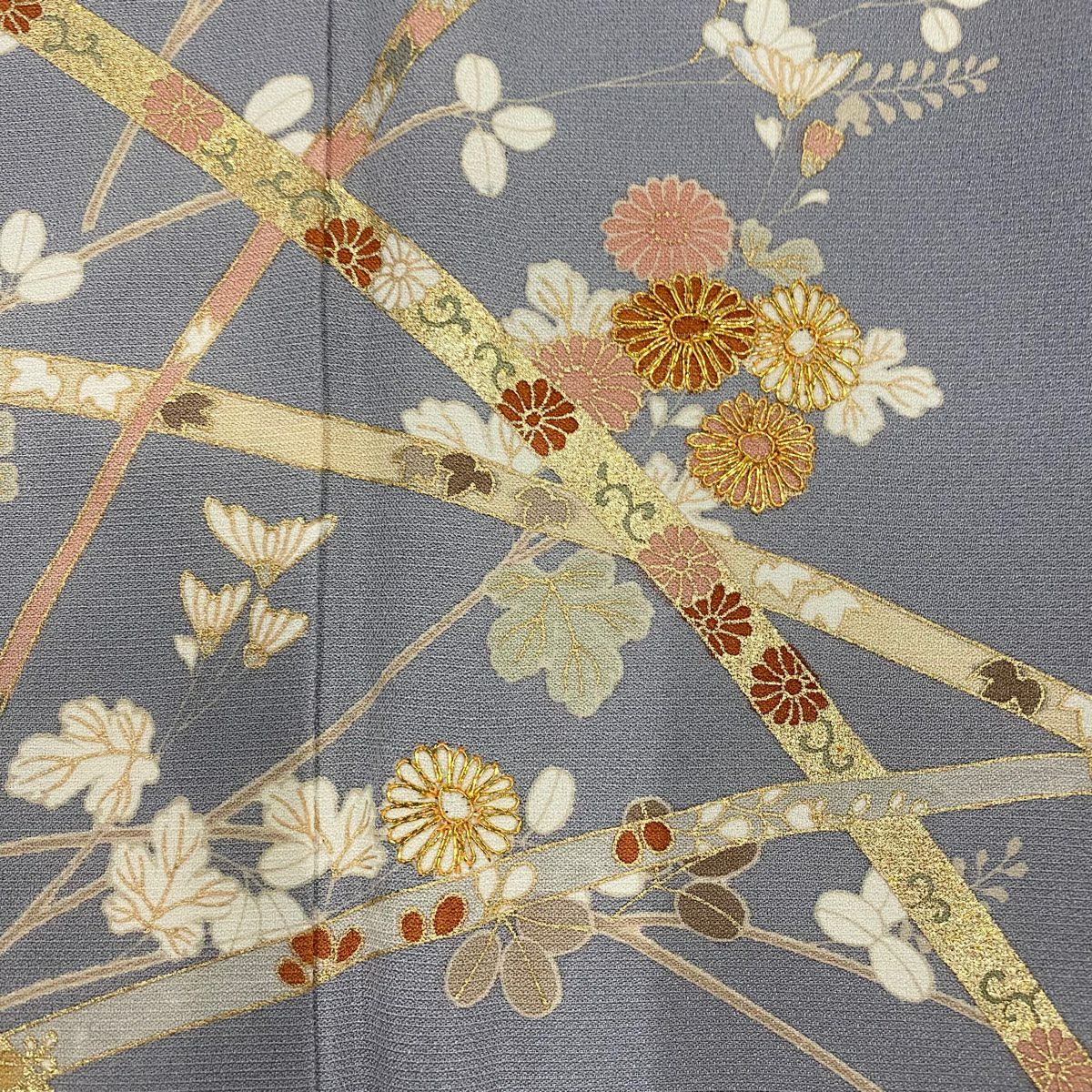 訪問服 身長158cm 袖長63cm S 雙層 菊花 蔓帶 金銀彩 金絲 灰紫 純蠶絲 秀品級
