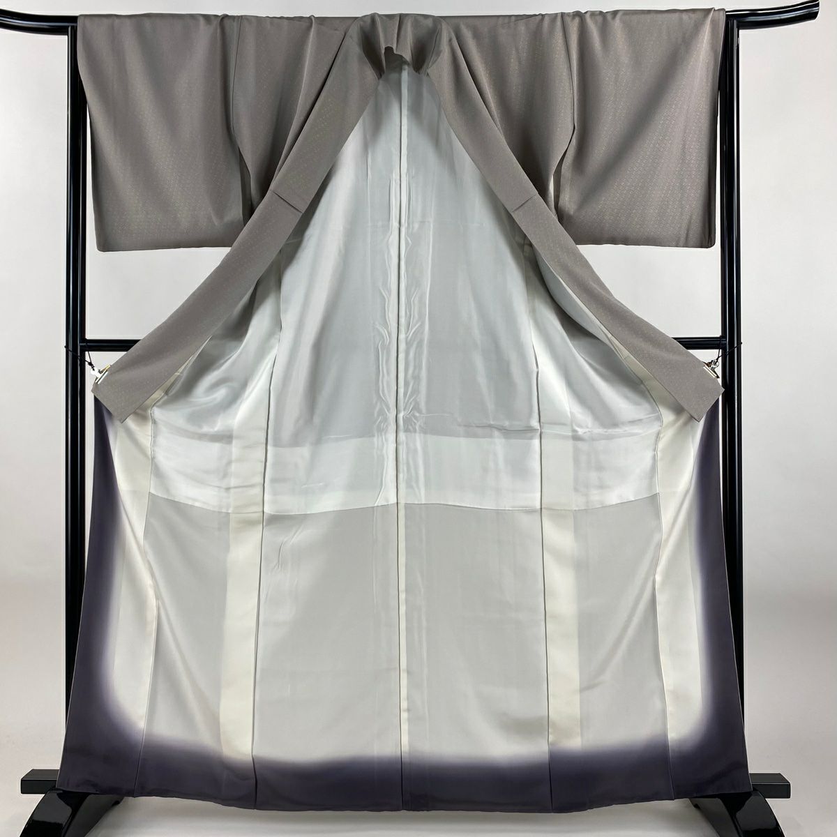【美品】 小紋 身長163.5cm 袖長64.5cm M 雙層 幾何學 金彩裝飾 灰紫 純蠶絲 秀品級