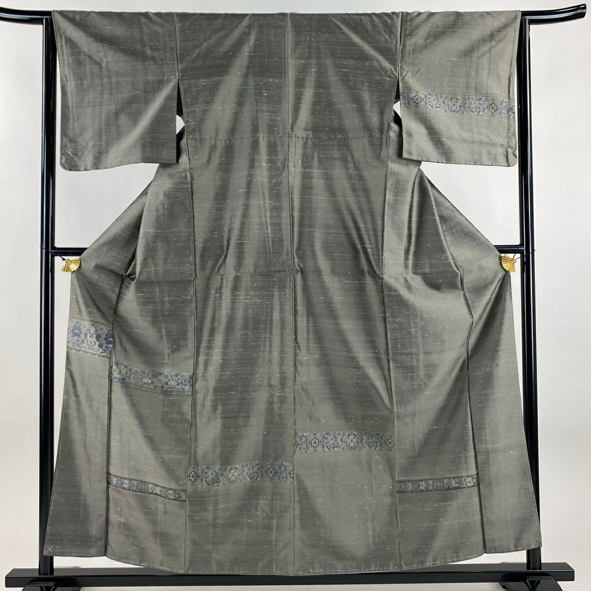 【美品】 付下 身長157.5cm 袖長64cm M 雙層 紬織織 草花紋紋 幾何學 灰 純蠶絲 秀品級
